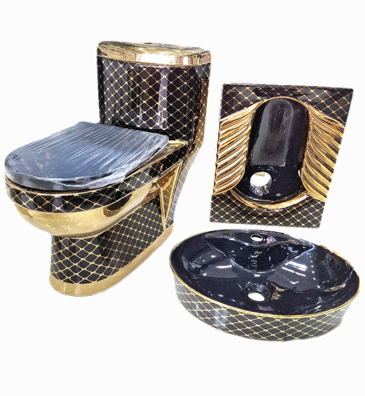 ست توالت فرنگی توالت ایرانی و رویه کابینتی مشکی طلایی کد۱۱۹