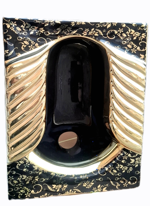 کاسه توالت مشکی طلایی طرح گل برگ