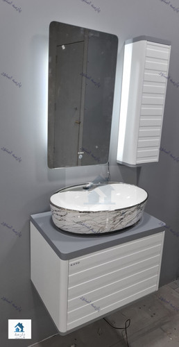 روشویی کابینتی مدلP رویه بیضی سفید نقره ای ماربل فول ست