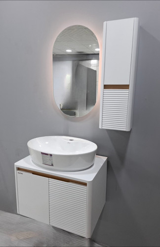 کابینت روشویی مدل L سفید طرح چوب اینه تاچ بک لایت فول ست