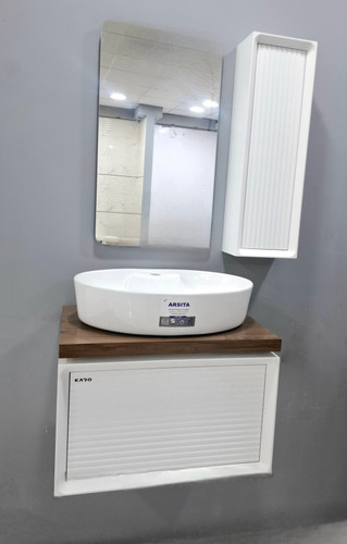 روشویی کابینتی مدلK فول ست سفید طرح چوب رویه بیضی و مستعطیل اینه تاچ بک لایت