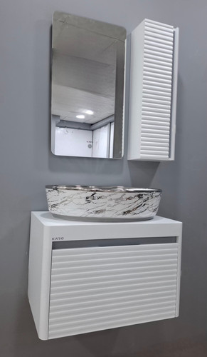 روشویی کابینتی مدلAسفید طوسی فول ست اینه تاچ رویه نقره ای طرح سنگ