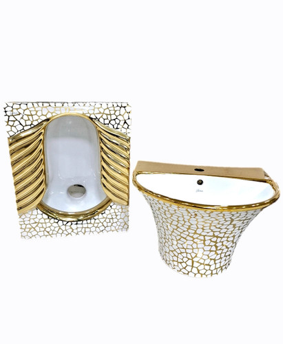 کاسه توالت و روشویی نيم پایه سفید طلایی کد122