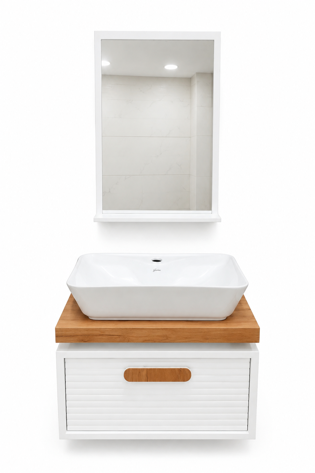 روشویی کابینتی مدل ویولا سفید طرح چوب سایز35در60 و اینه